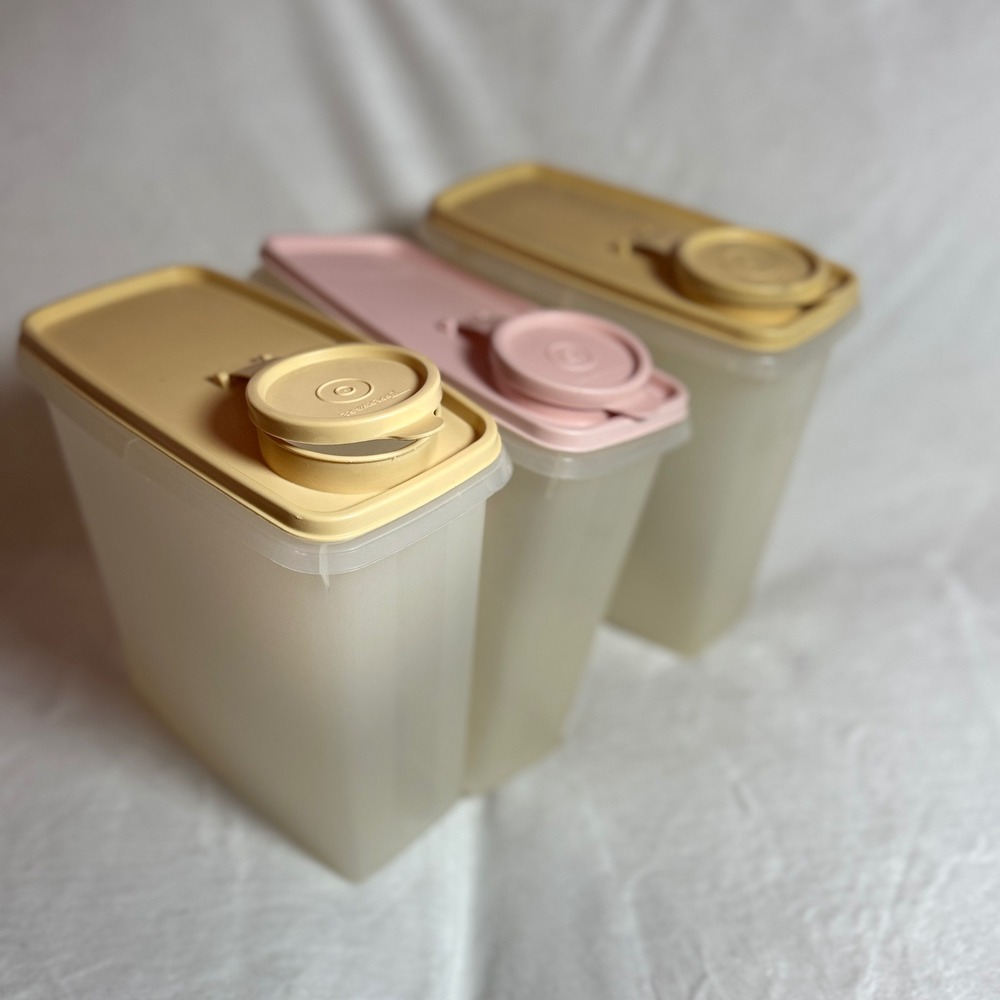 Vintage Tupperware Cereal Storage Container Keeper 1 Pink & 2 Gold/Tan Lids